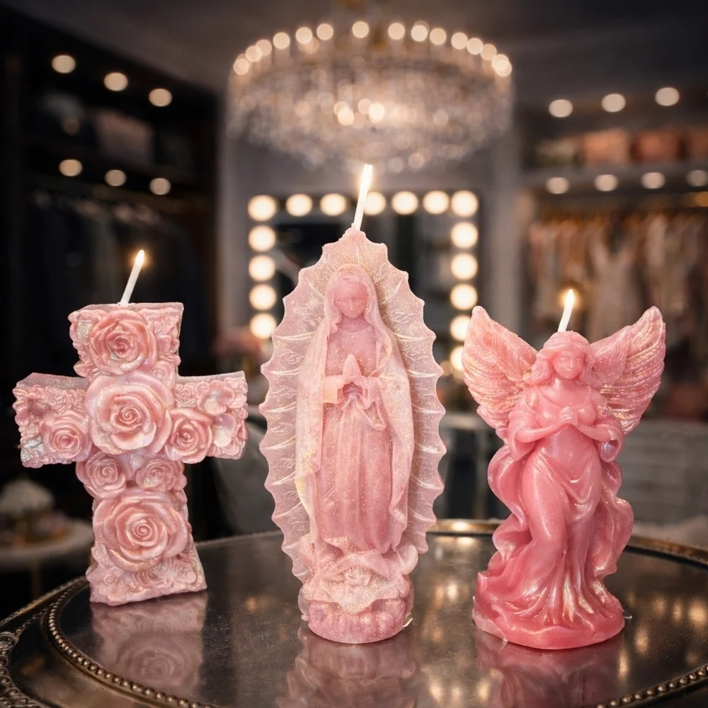 3pc Pink Shimmer Beeswax Devotional Candle Set – Cross, Virgen & Angel (7oz)